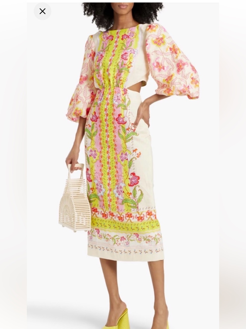 SALONI Neelam Puff-Sleeve Cutout Floral Linen Midi Dress Size US 10